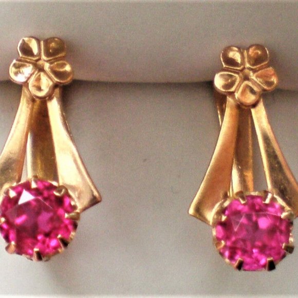 Vintage Russian Russia Soviet USSR Solid 14K 583 Rose Pink Gold Ruby EARRINGS - Picture 4 of 4